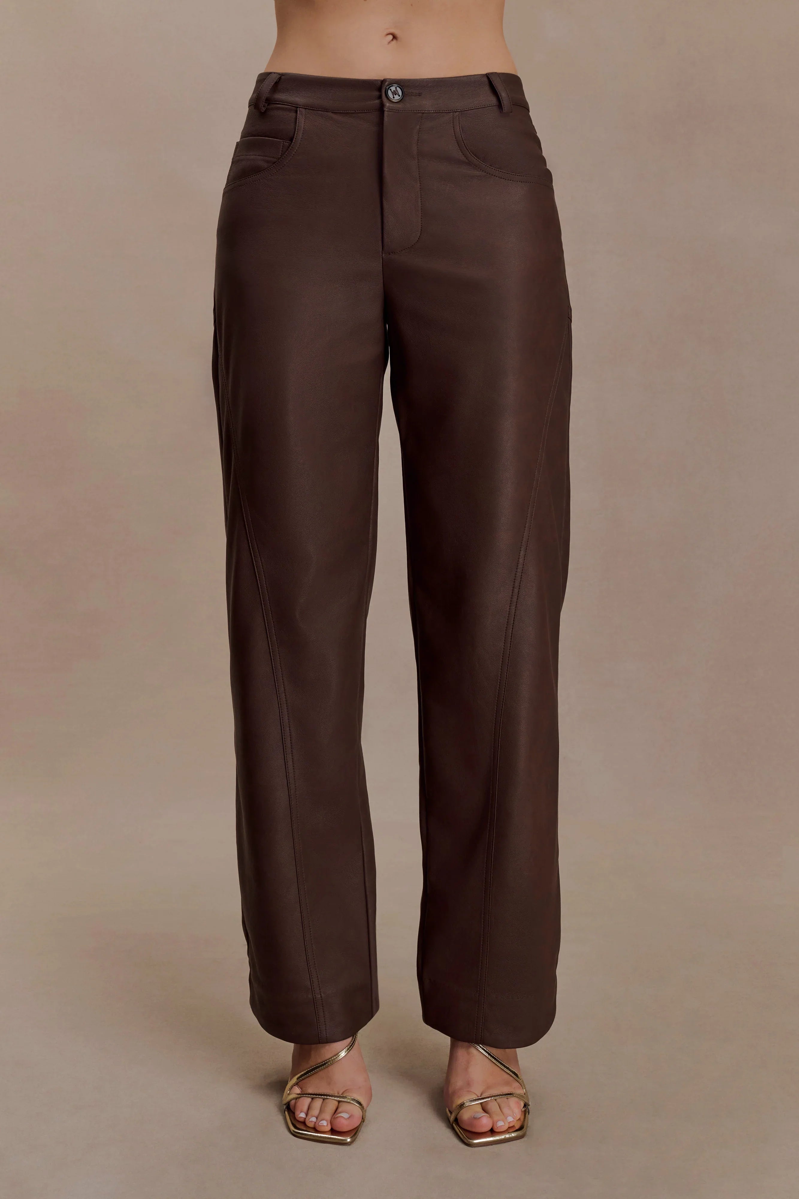 Theo Faux Leather Mid Rise Pants Dark Chocolate