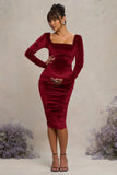 New Life Berry Velvet Maternity Square Neck Ruched Midi Dress