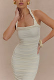 Camila Ruched Halter Midi Dress Ivory