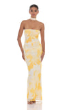 Scarf Mesh Floral Strapless Maxi Dress in Yellow