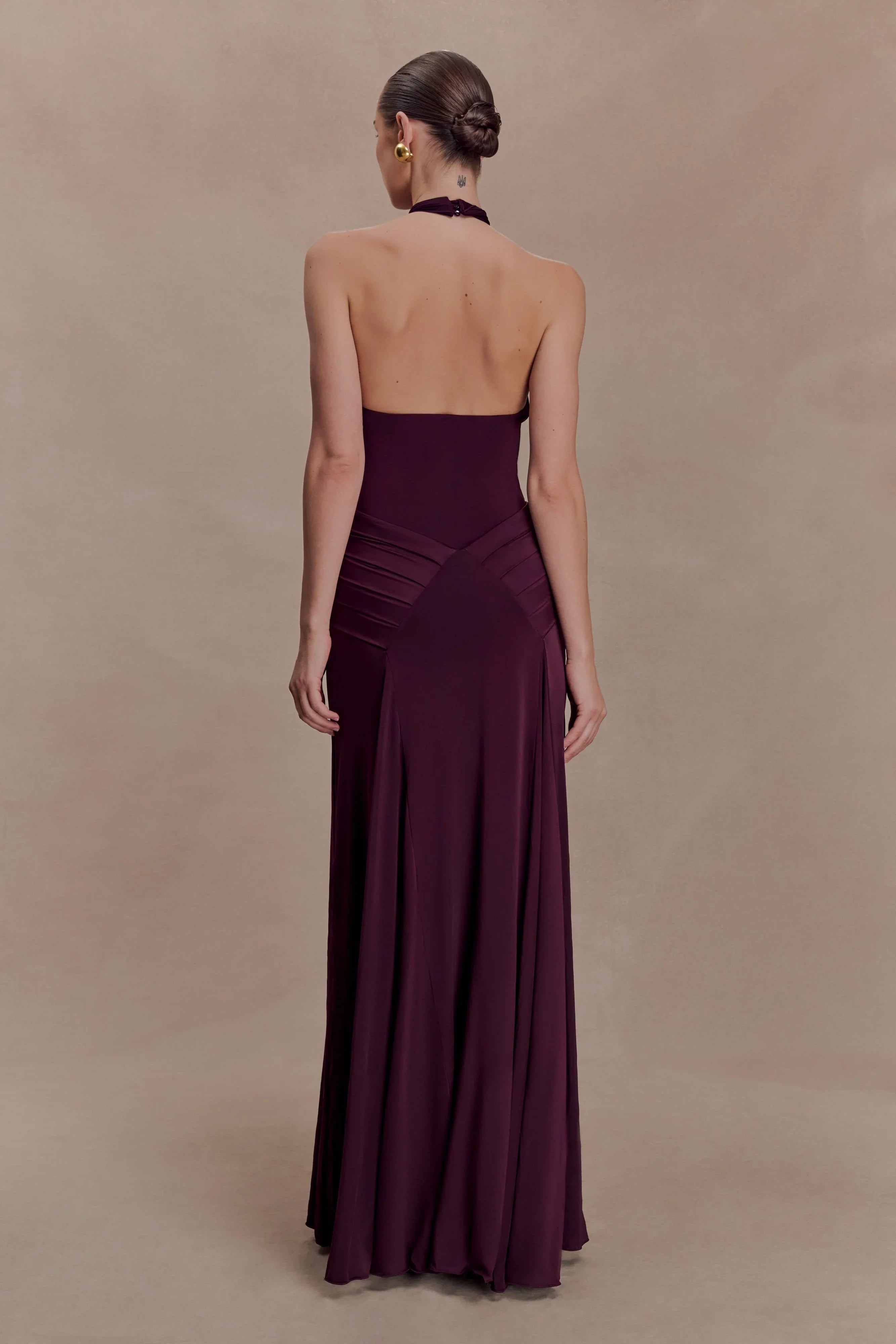 Indira Gathered Slinky Halter Maxi Dress Mahogany