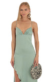 Satin Ruffle Maxi Dress in Sage