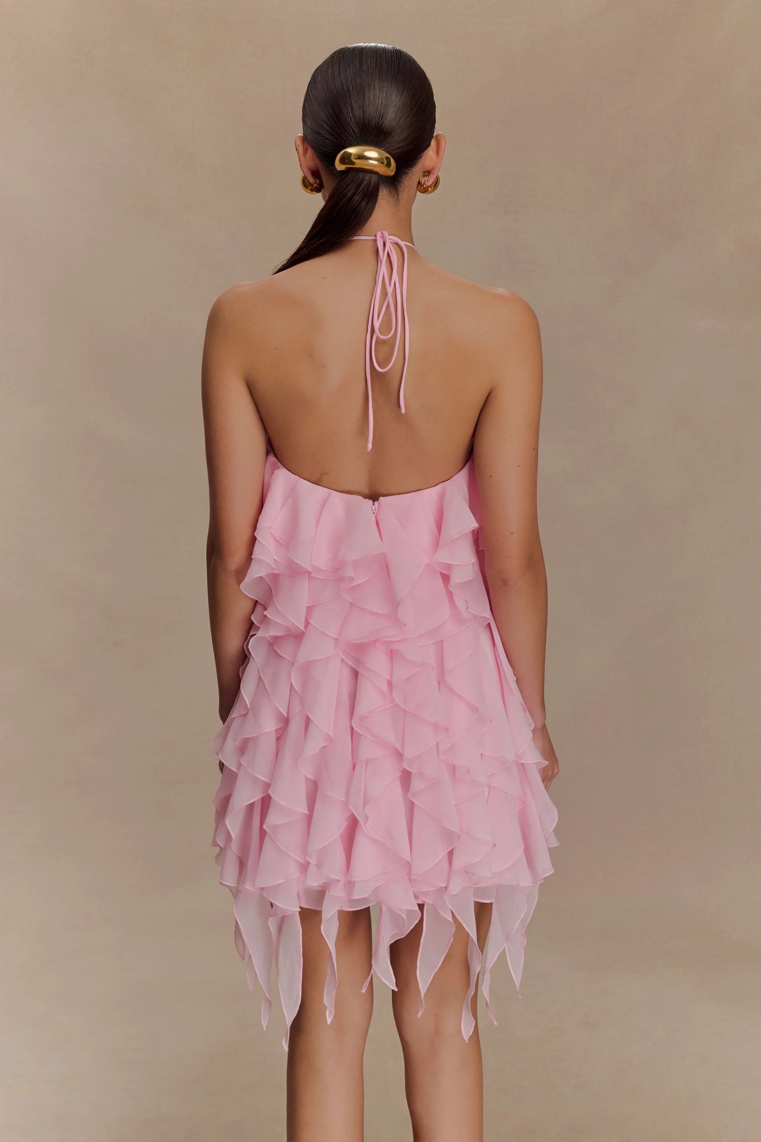 Marigold Ruffle Halter Mini Dress Powder Pink