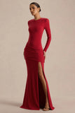 Liora Red Crew Neck Maxi Dress With Front High Split