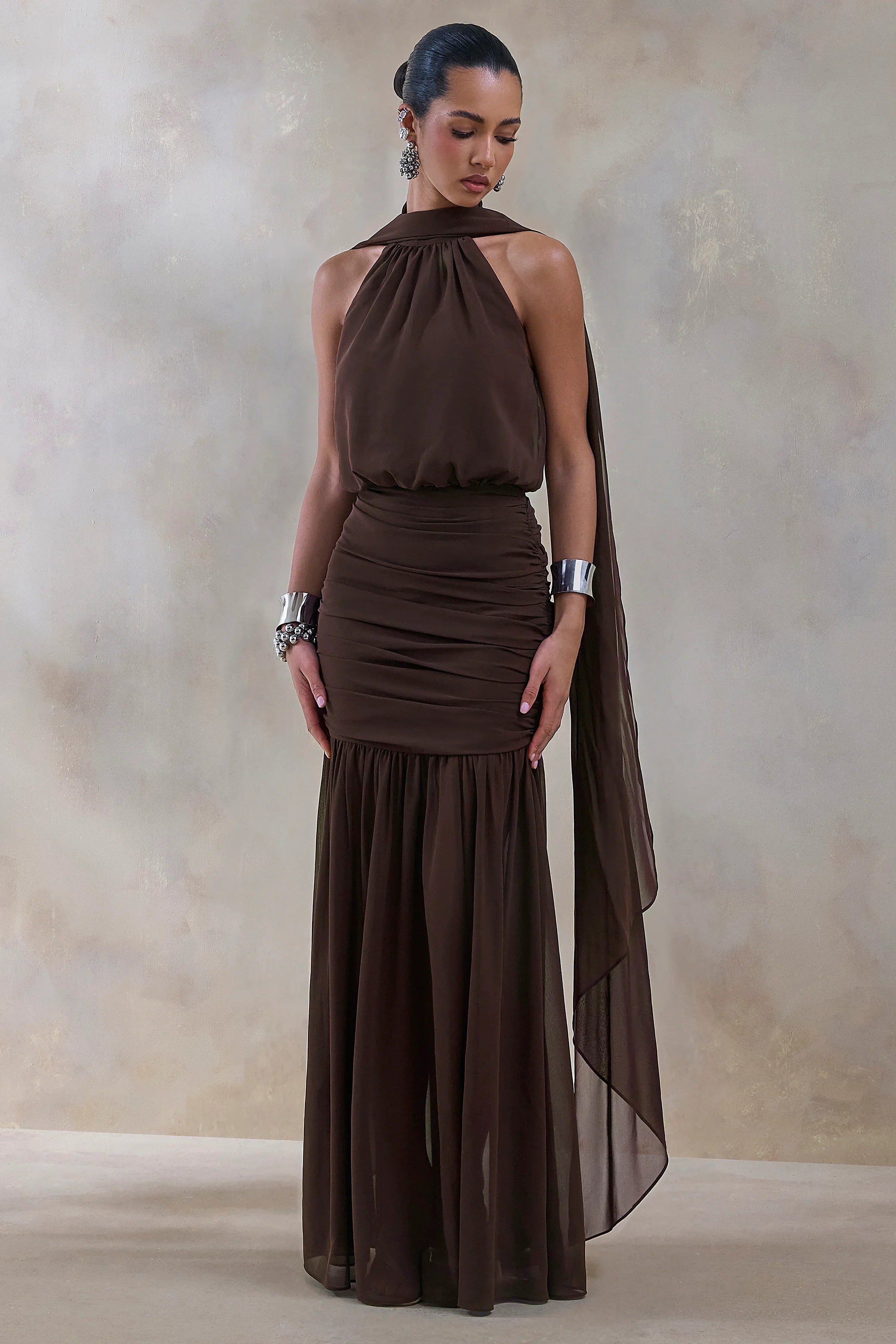 Veronique Brown Halter Neck Maxi Dress