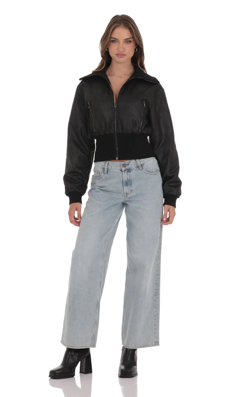 Cinched Faux Leather Bomber Jacket in Black
