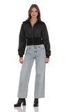 Cinched Faux Leather Bomber Jacket in Black