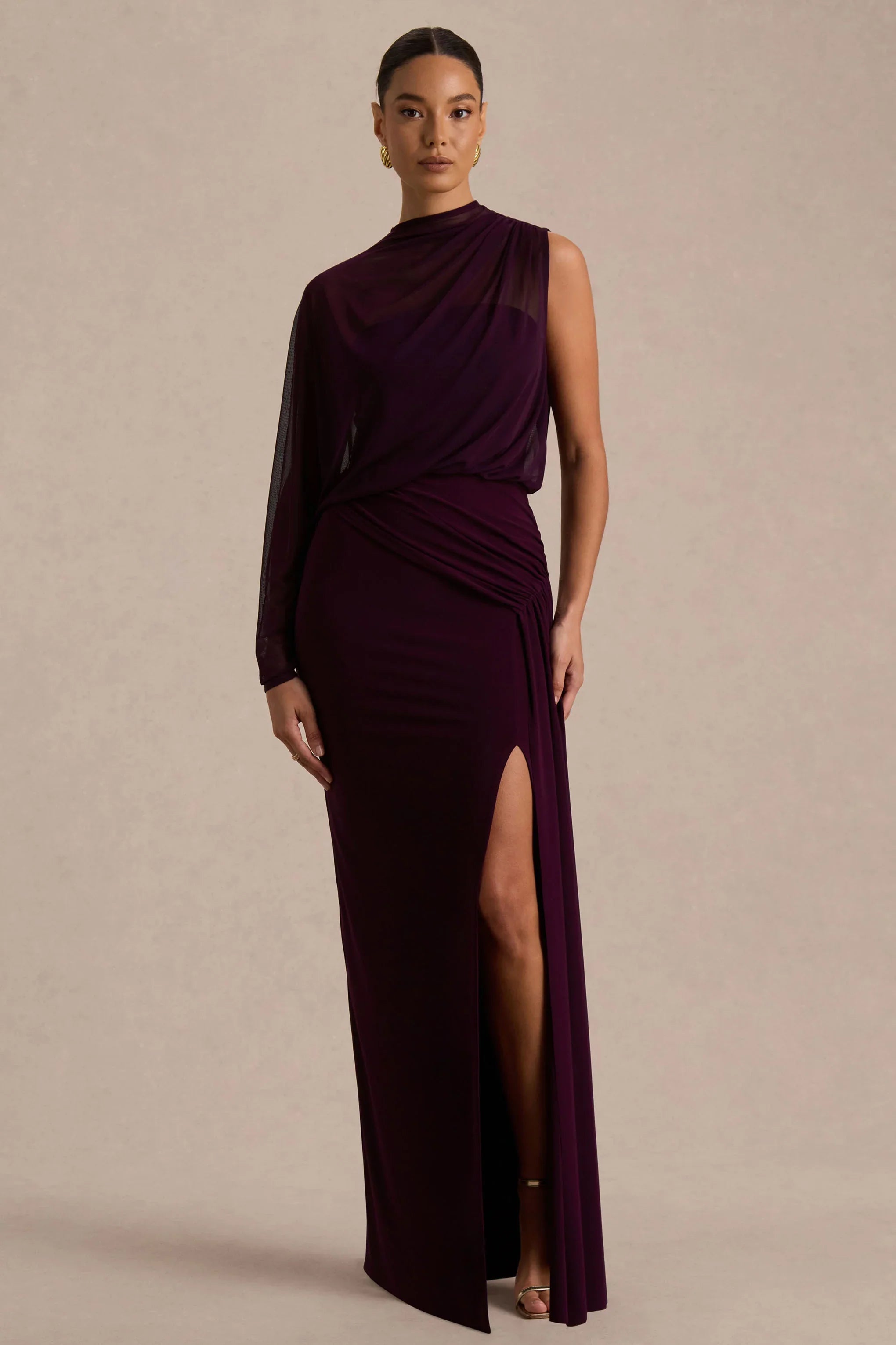Aurelia Dark Plum High Neck Wrapped Maxi Dress With One Cape Sleeve