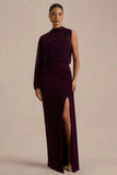 Aurelia Dark Plum High Neck Wrapped Maxi Dress With One Cape Sleeve