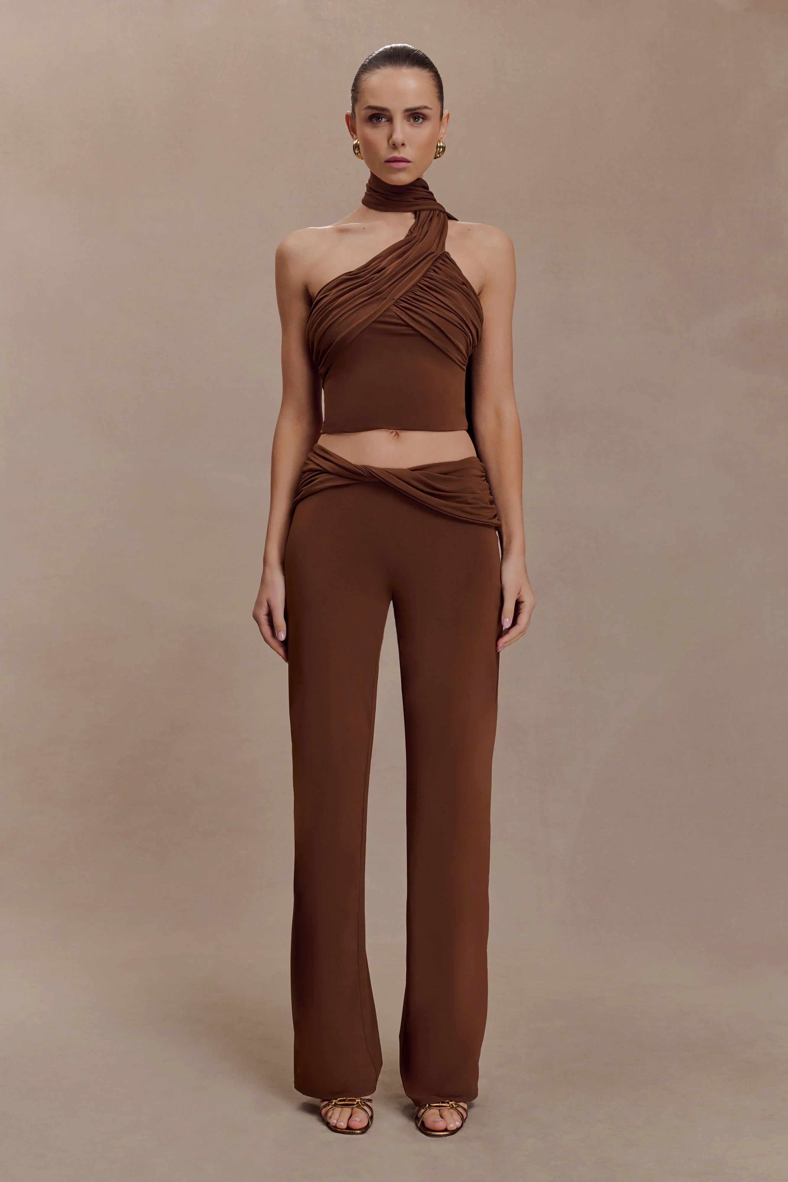 Lydia Slinky Asymmetrical Halter Top Chocolate