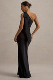 Here For Love Black Satin Asymmetric Maxi Dress With Bow