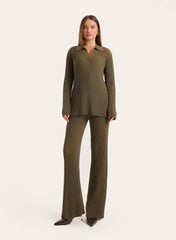 Olive Ribbed Knit Straight Leg Trousers