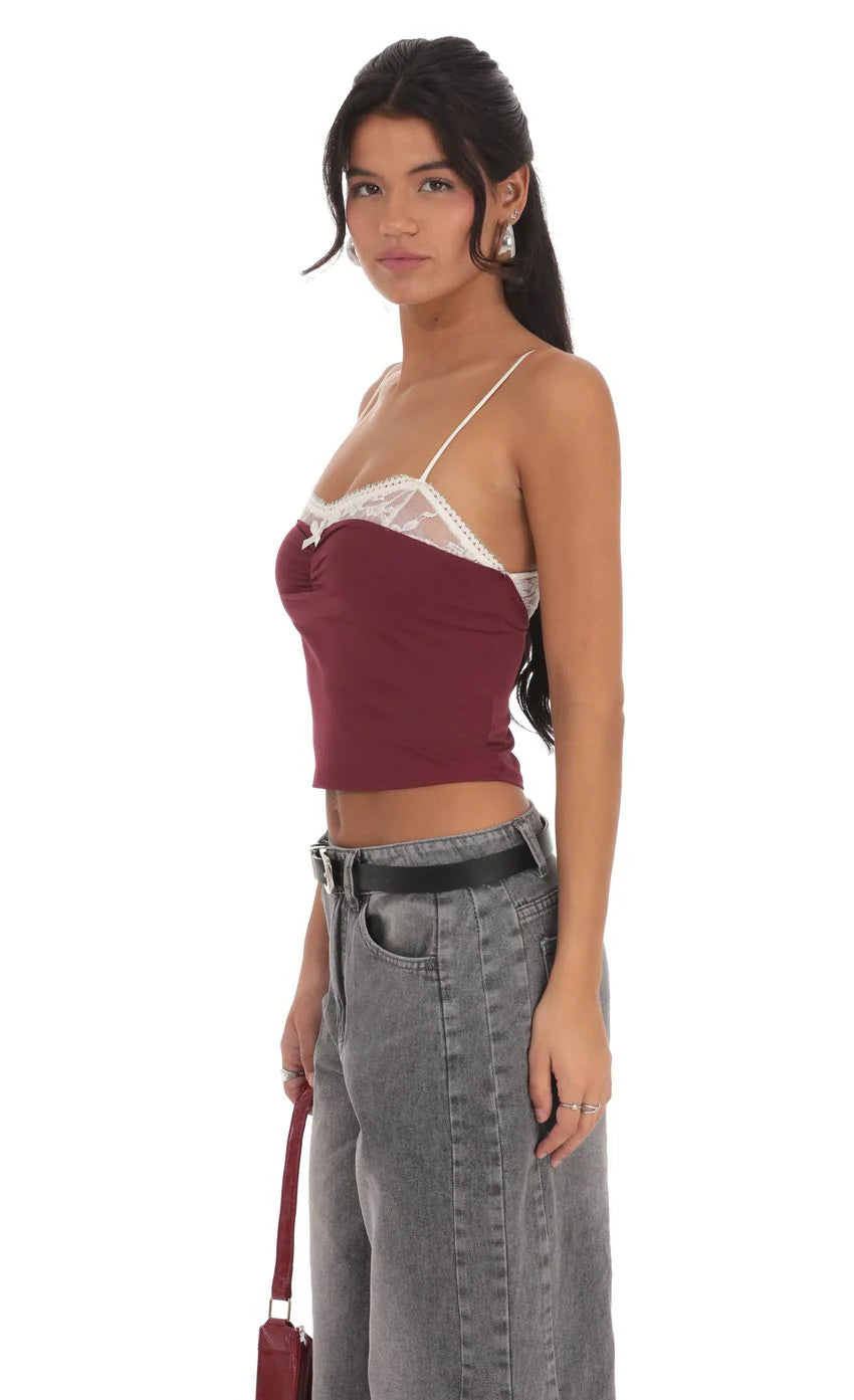 Lace Trim Crop Top in Maroon