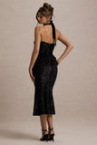 Adee Black Sequin Velvet Halter Neck Midi Dress With Bow