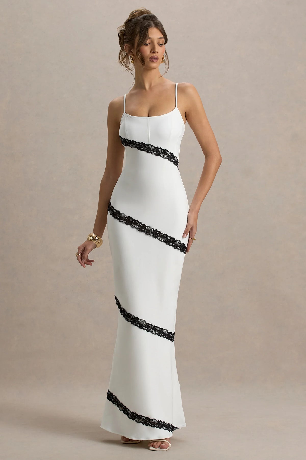 Elizabeth White Black Strappy Lace Trimmed Maxi Dress
