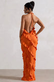 Full On Orange V Neck Ruffle Maxi Dress