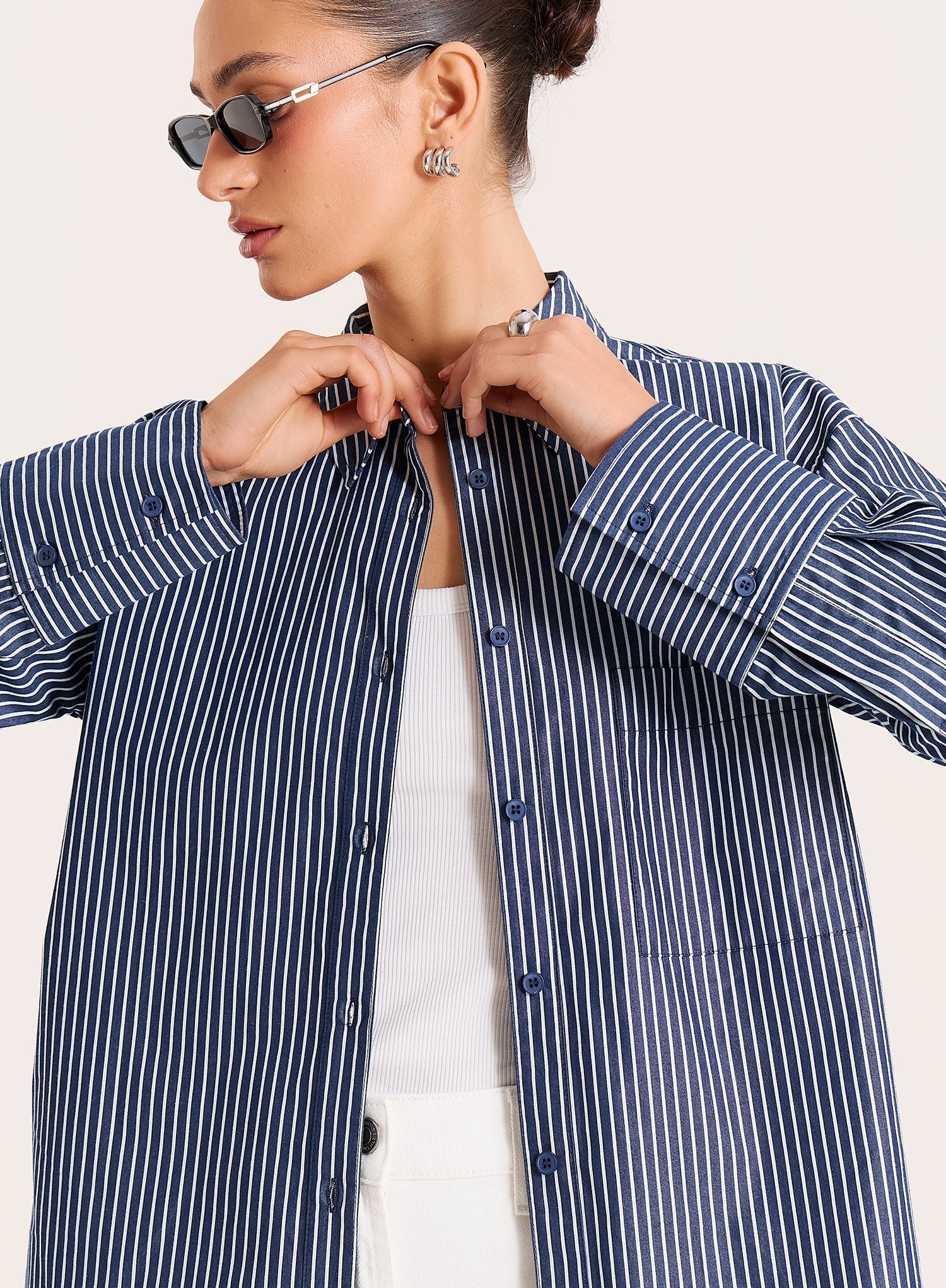 Navy And White Stripe Cotton Tie Back Detail Shirt