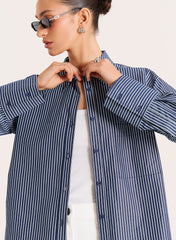 Navy And White Stripe Cotton Tie Back Detail Shirt
