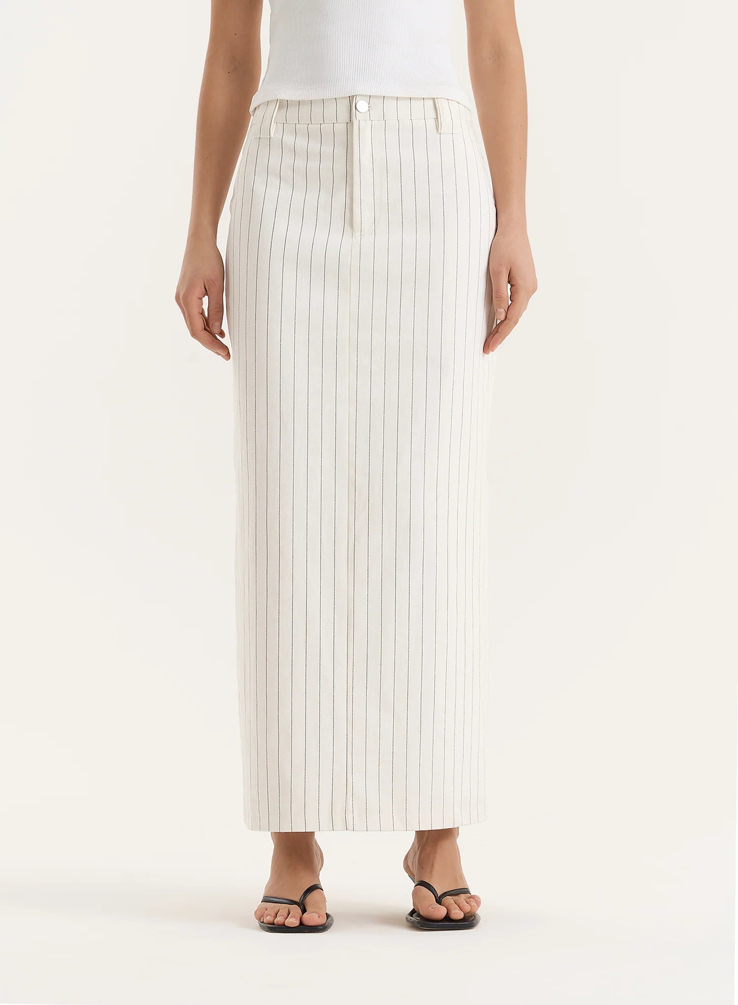 White Pinstripe Tailored Denim Maxi Skirt