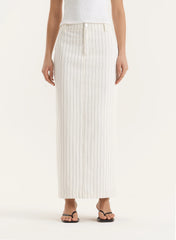White Pinstripe Tailored Denim Maxi Skirt