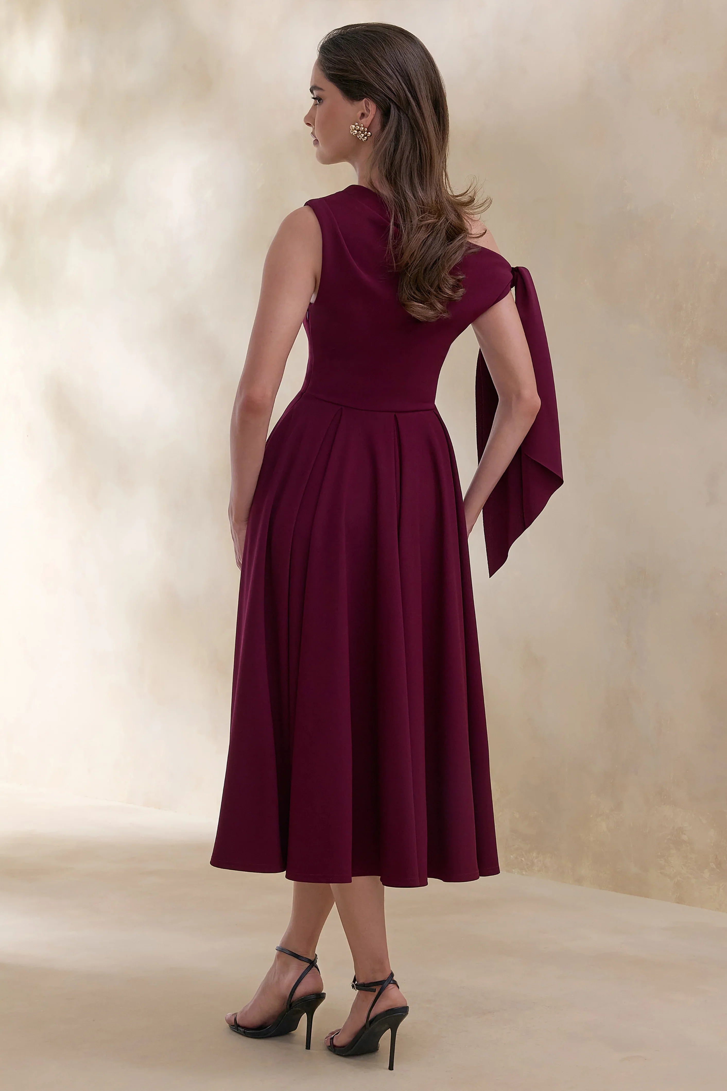 Daring Burgundy Asymmetric Neck Midi Dress With Knot Detail