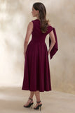 Daring Burgundy Asymmetric Neck Midi Dress With Knot Detail