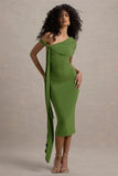 Vallea Green One Shoulder Draped Midi Dress