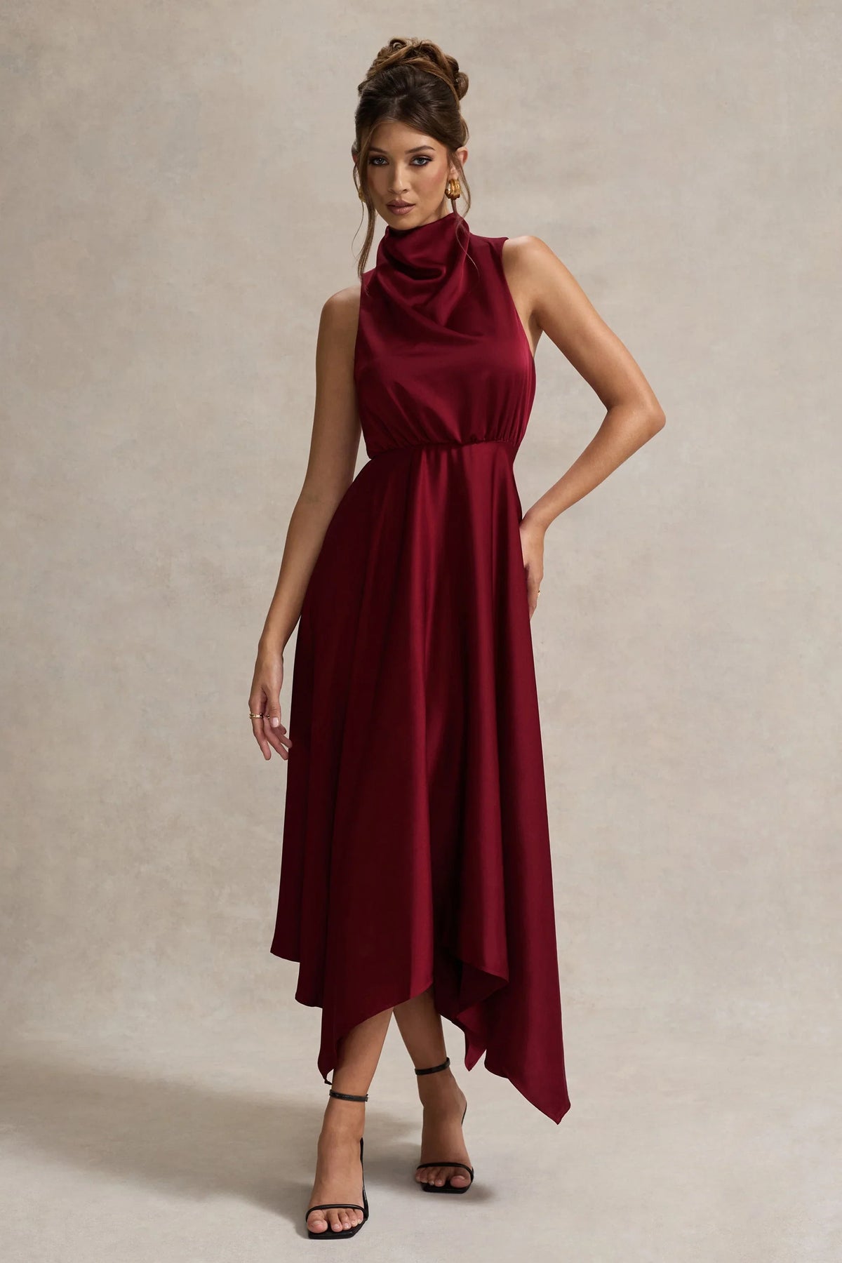 Kerri Berry Satin Cowl Neck Maxi Dress