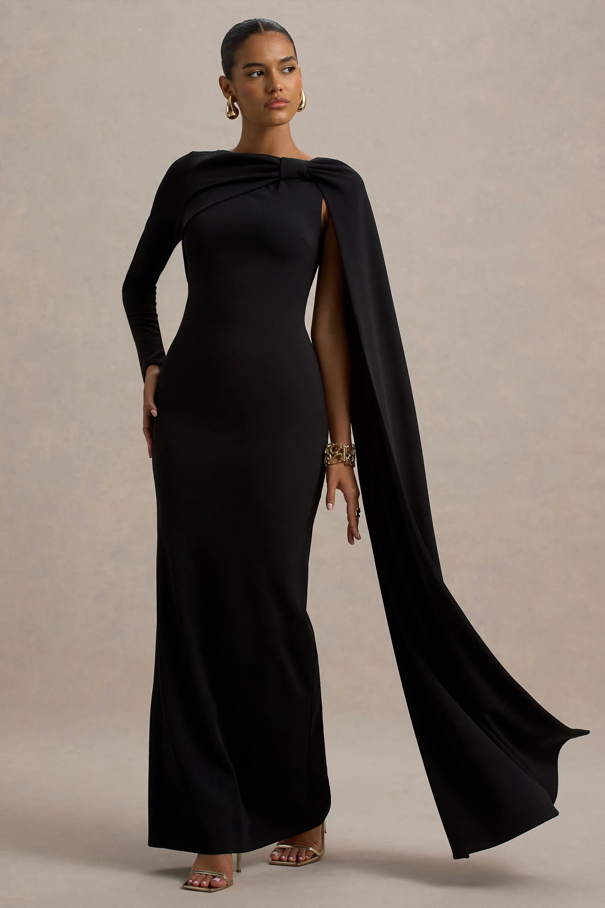 Frances Black High Neck Maxi Dress With Cape Detail