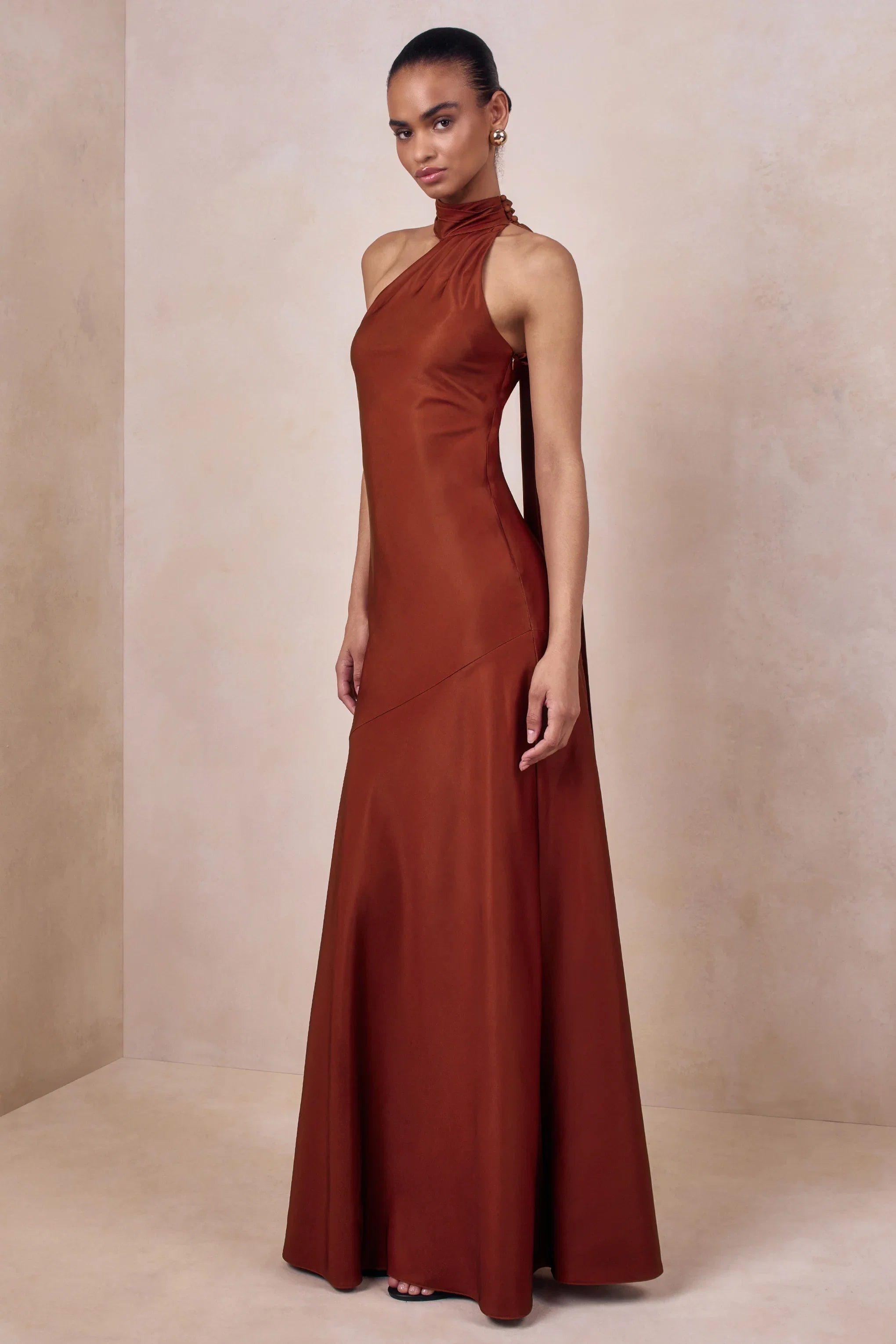 Cara Rust Matte Satin High Neck Maxi Dress