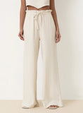 Beige Linen Drawstring Waist Trouser