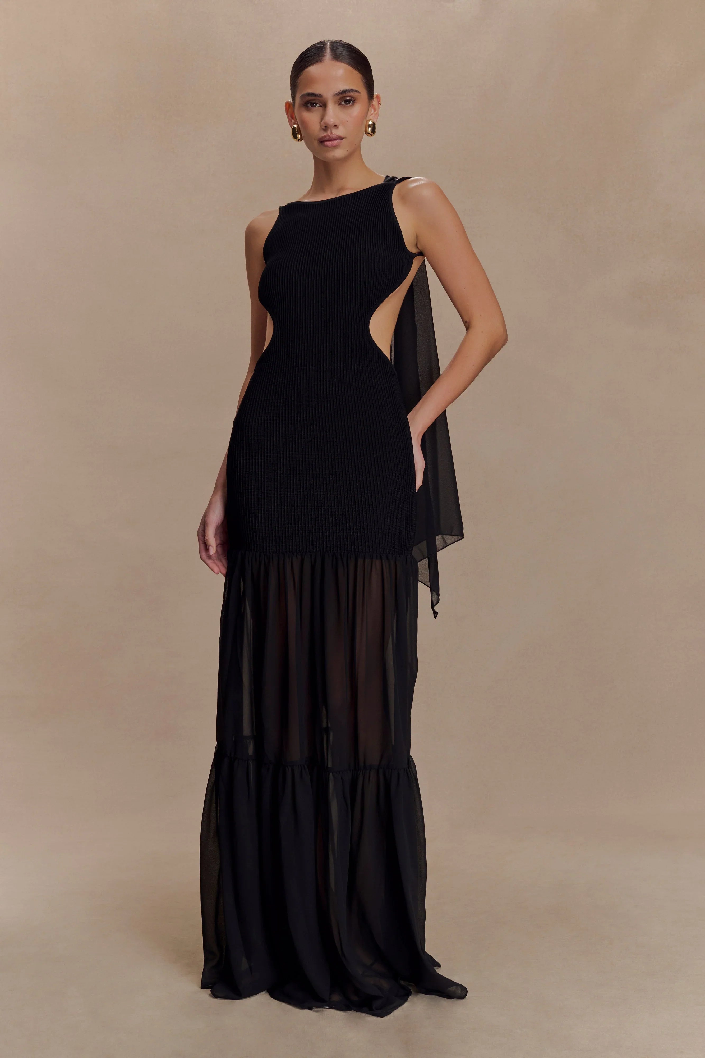 Haille Knit Chiffon Maxi Dress Black