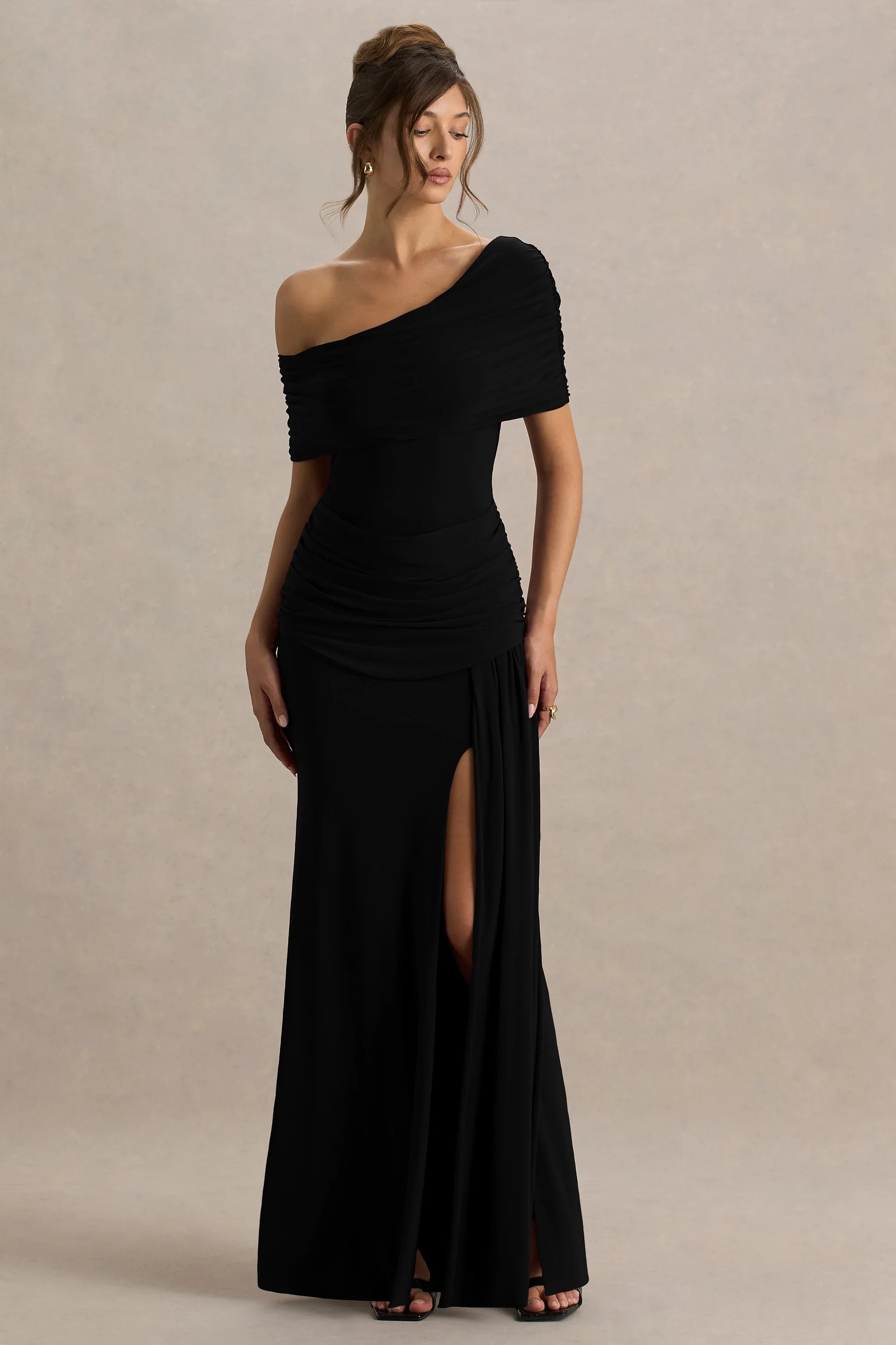 Dynasty Black Asymmetric Neck Maxi Dress With Ruched Detailing And Front High Split