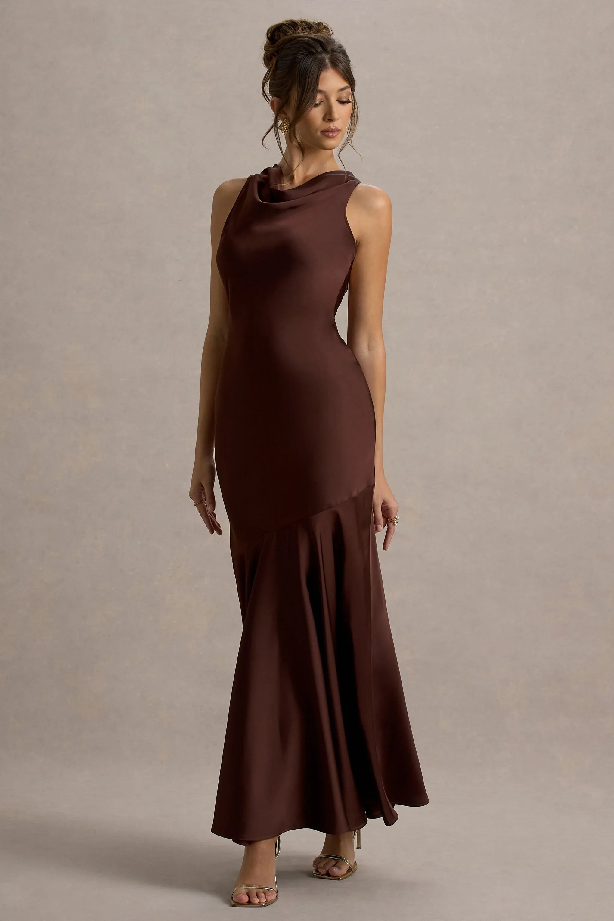 Amelita Brown Satin Cowl Neck Maxi Dress