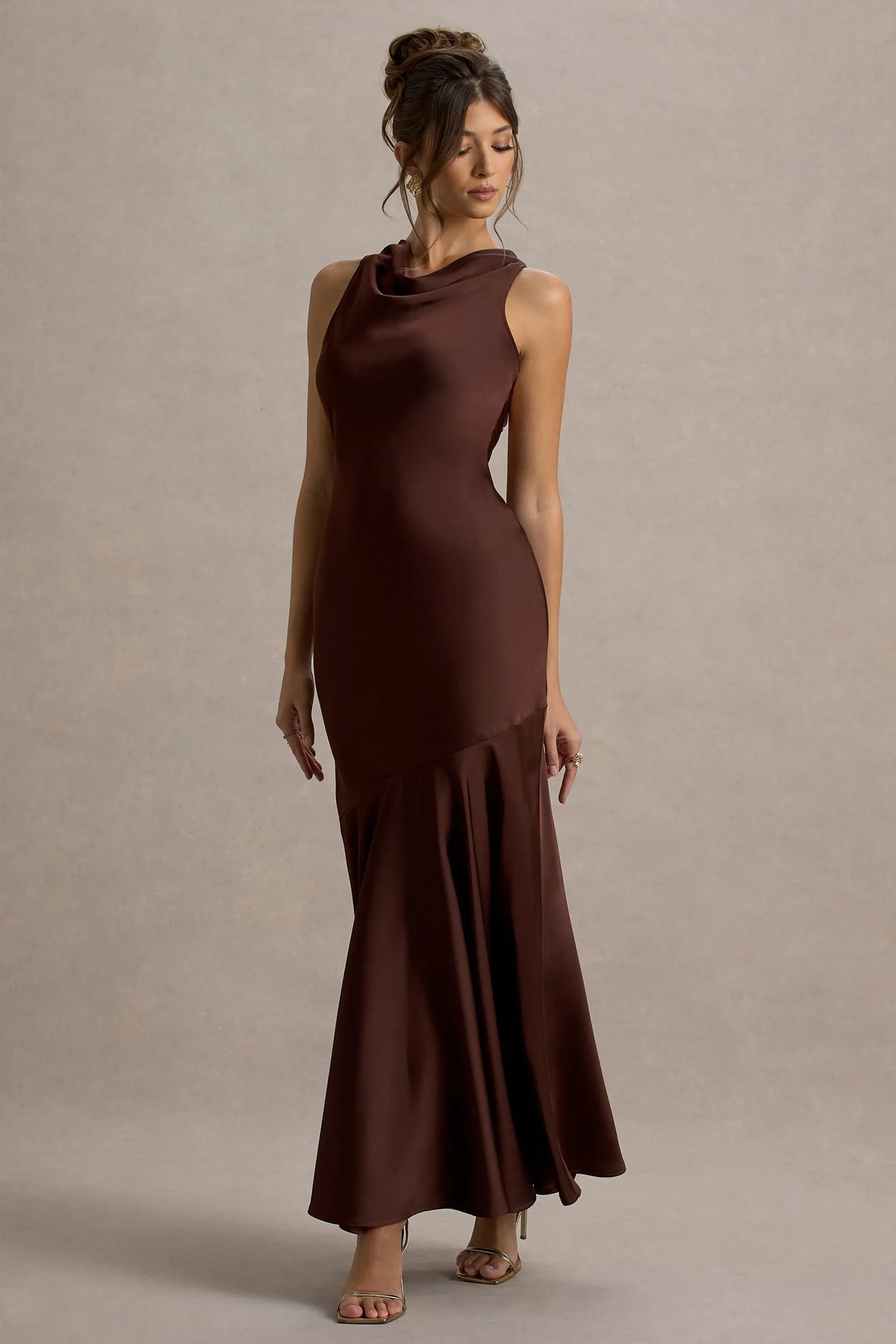 Amelita Brown Satin Cowl Neck Maxi Dress
