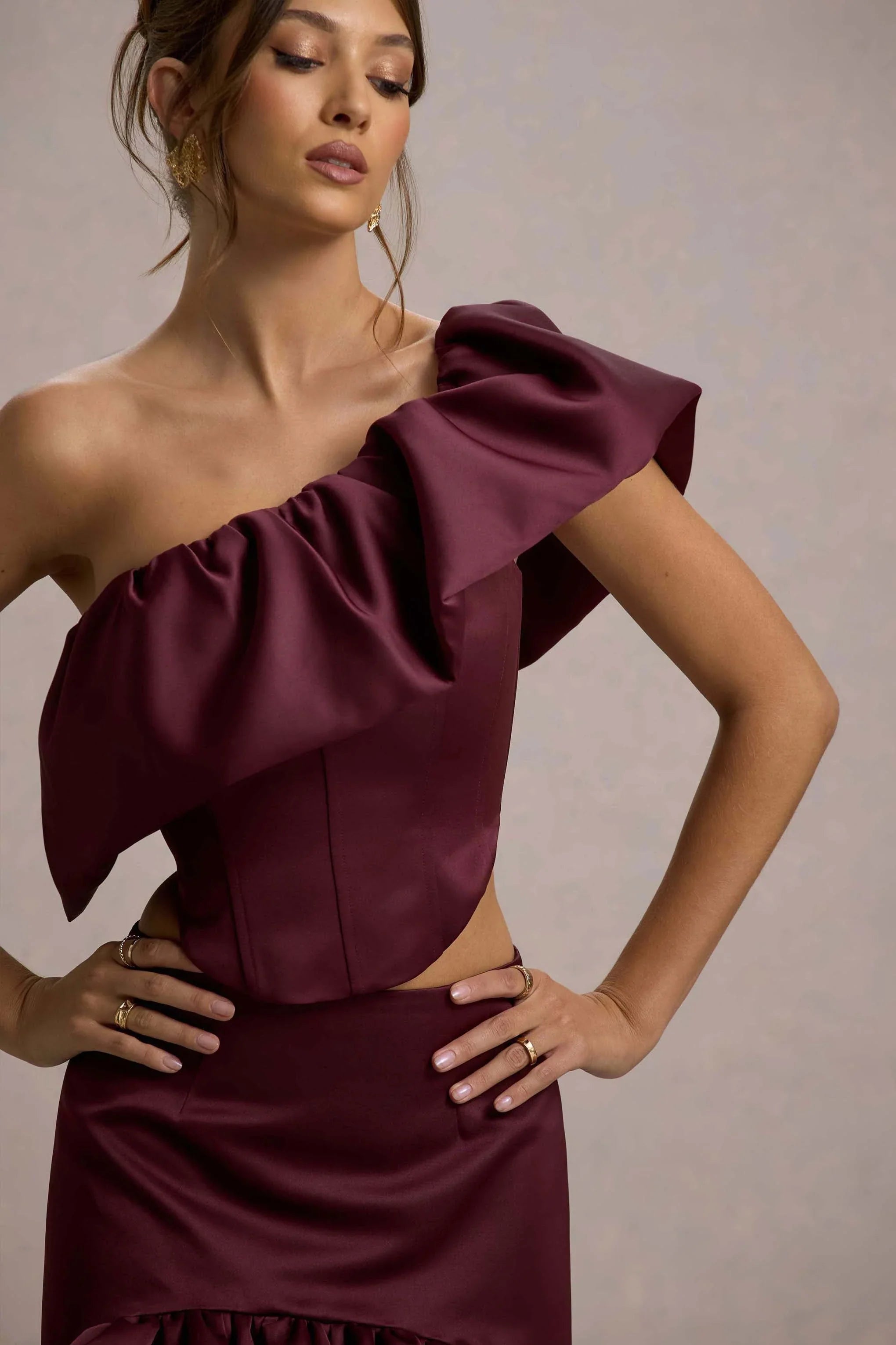 Sandie Merlot Satin Bardot Ruffled Crop Top