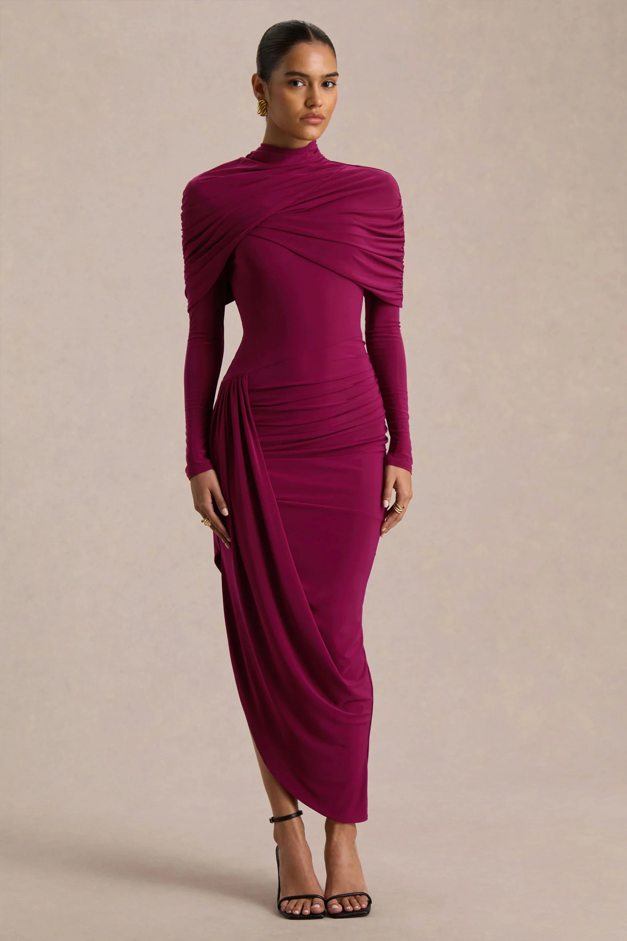 Aneira Burgundy High Neck Maxi Dress With Cape Sleeves