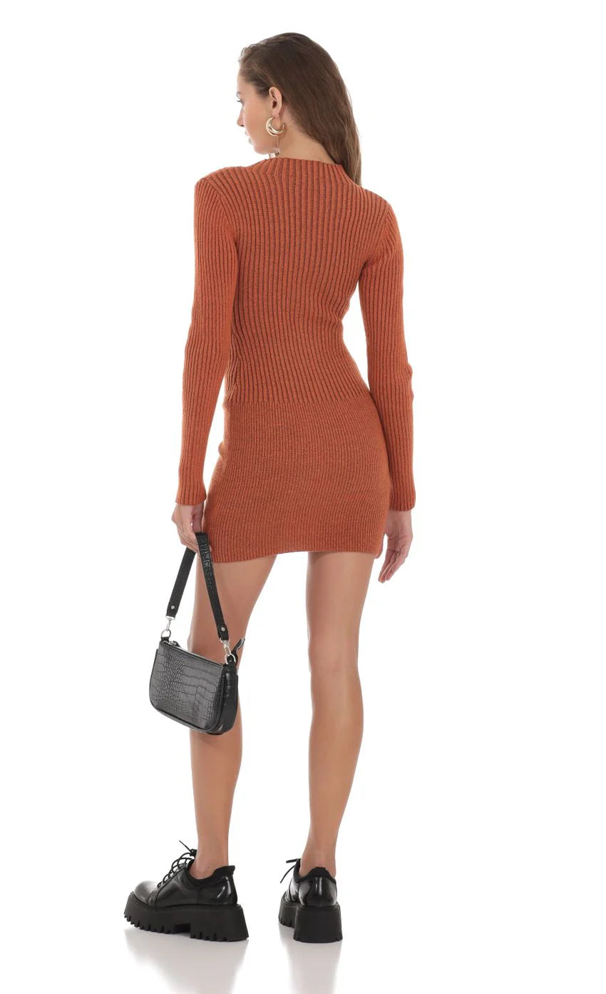 Front Zip Knit Dress in Orange