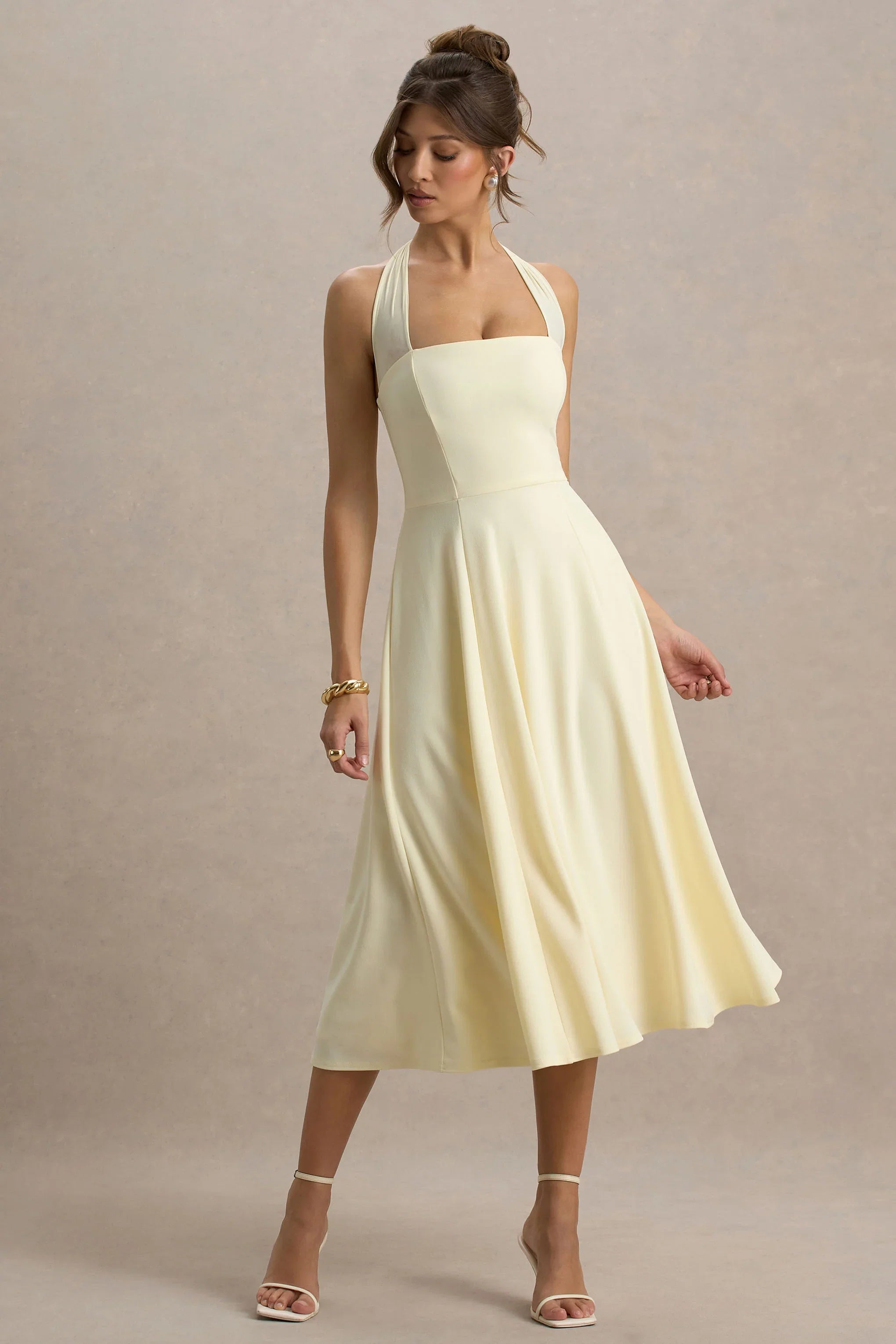 Auburn Pale Lemon Halter Neck Midi Dress