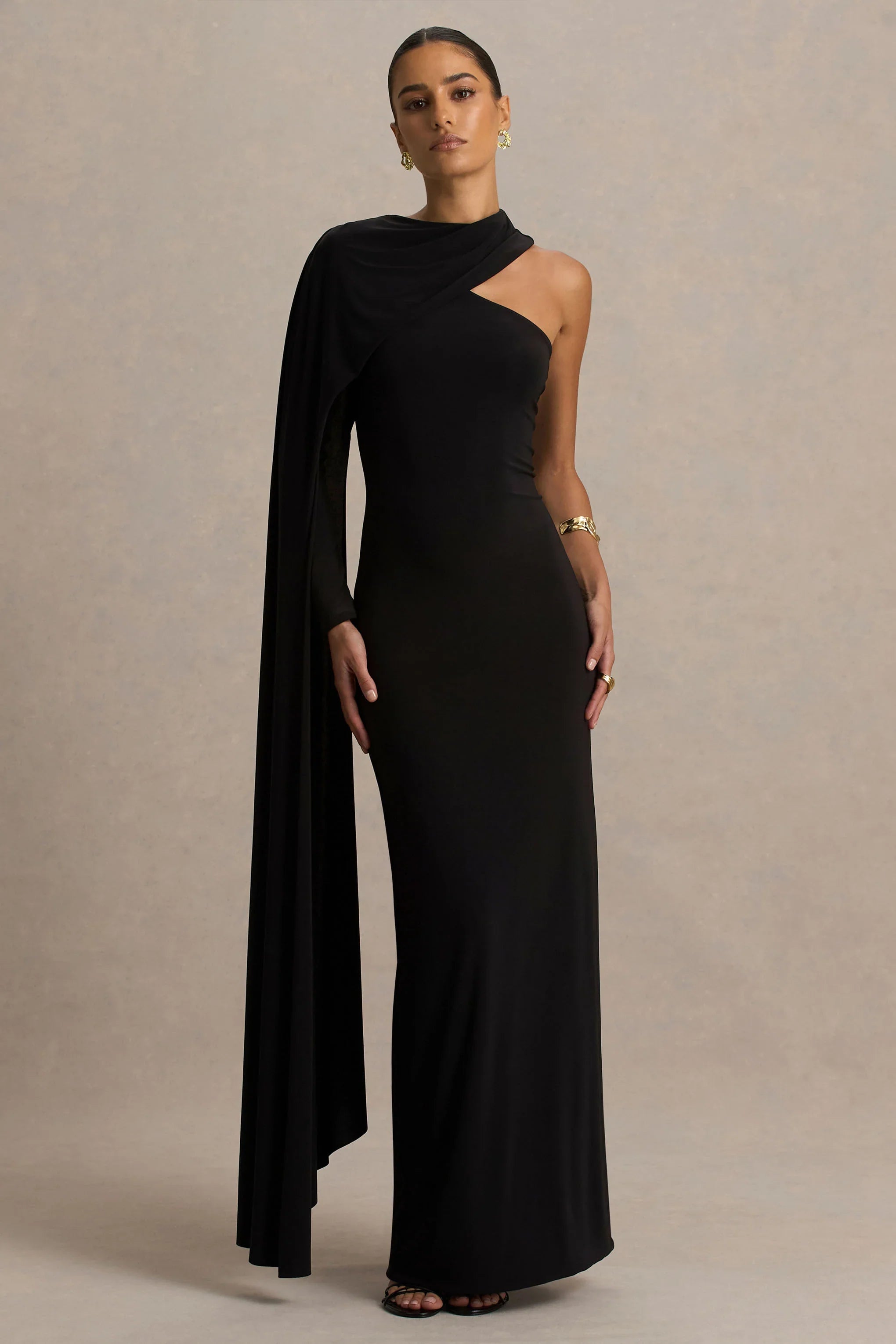 Dawn Black High Neck Maxi Dress With One Long Cape Sleeve