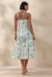 Audrey Green Floral Print Sweetheart Neck Midi Dress With Ruching Detail