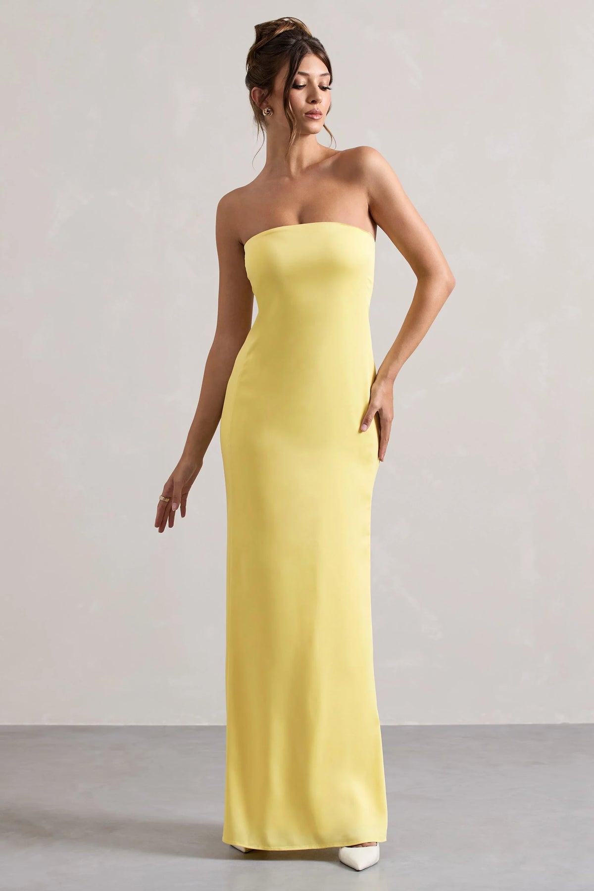 Azra Lemon Satin Bandeau Maxi Dress