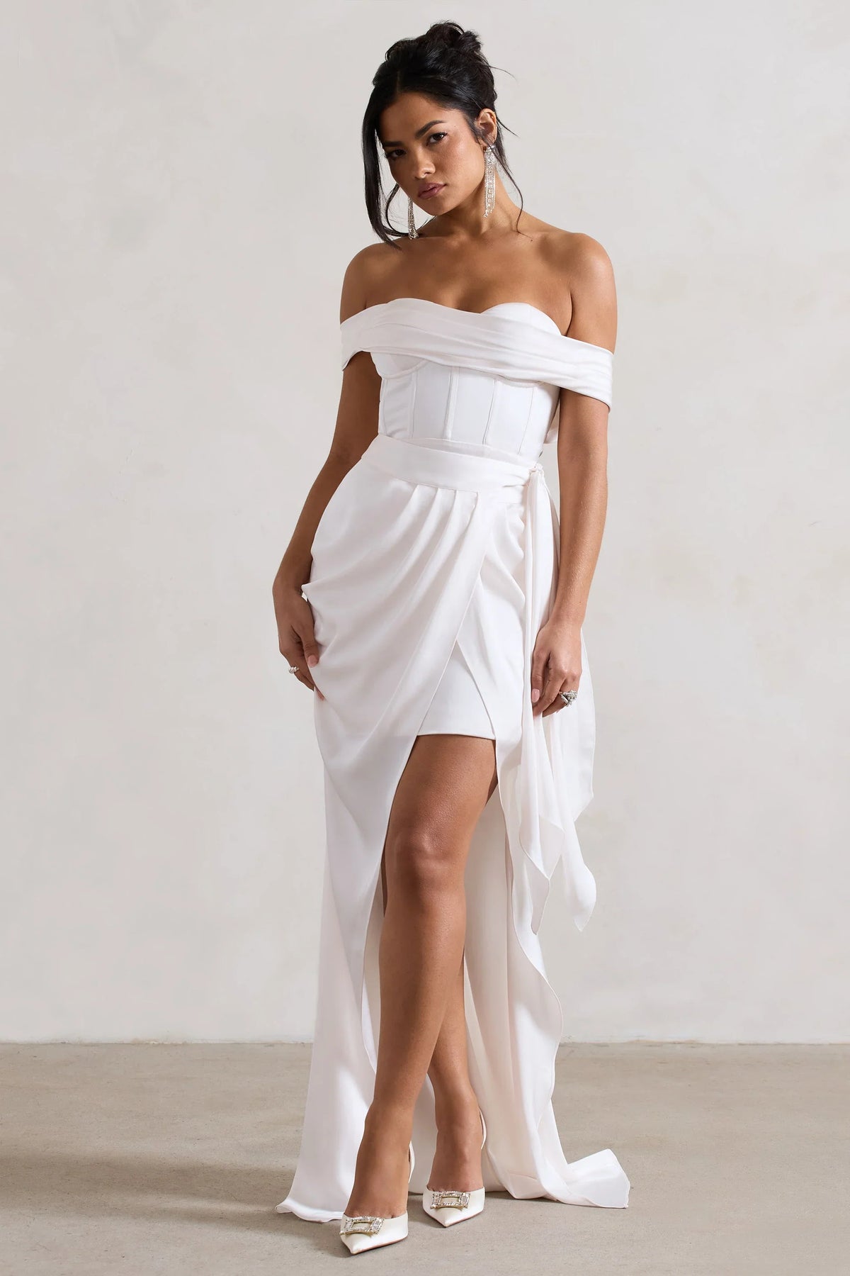 Milano Cream Satin Bardot Maxi Dress With Detachable Skirt