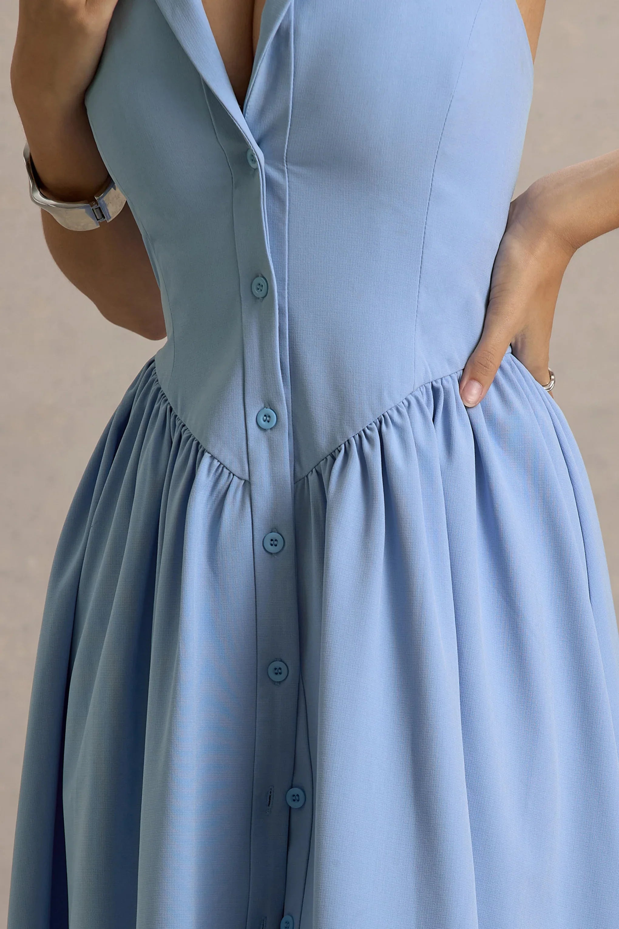 Samsara Light Blue Plunge Neck Collared Midi Dress