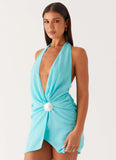 Eleanora Plunge Mini Dress Turquoise