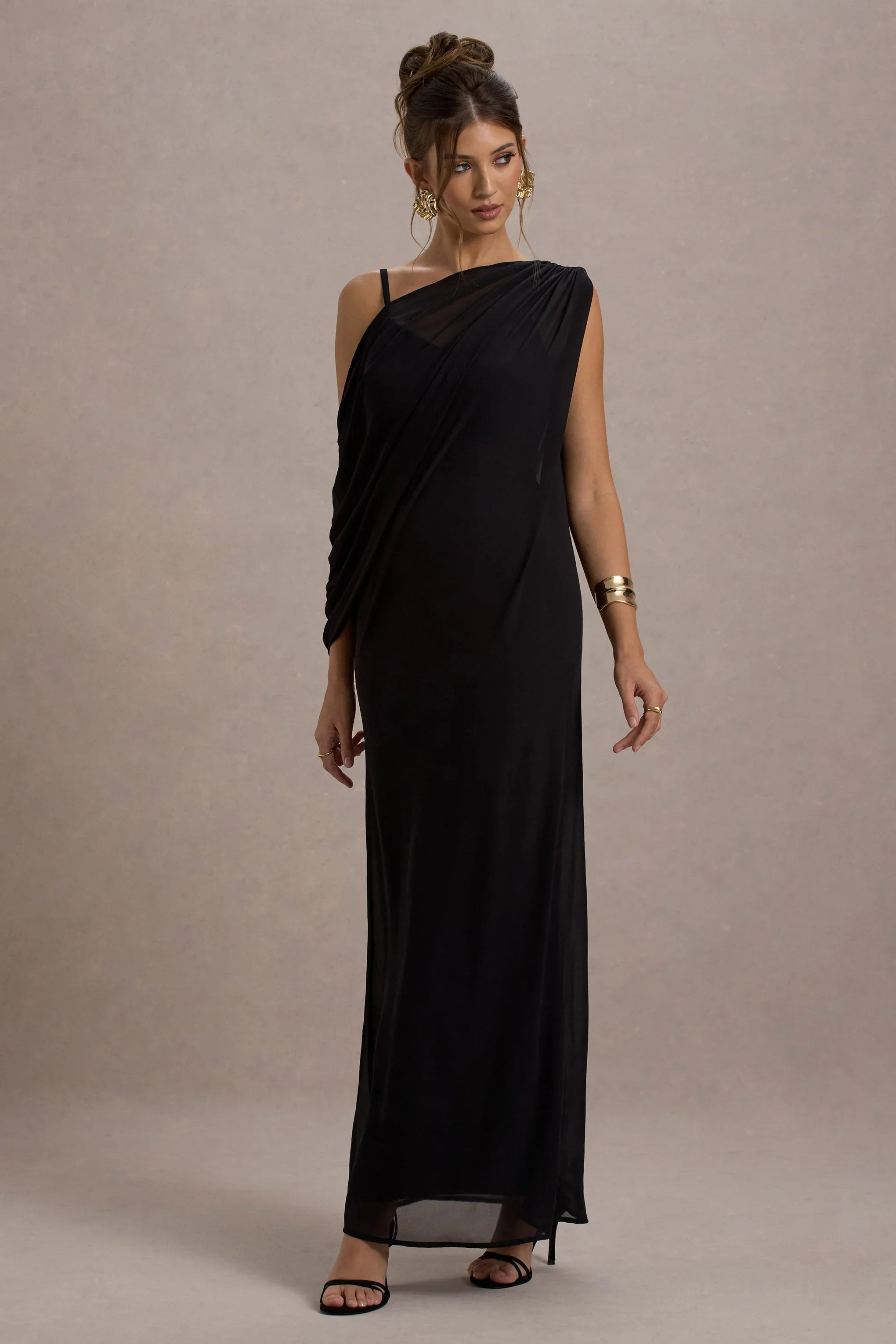 Aeliana Black Strappy V Neck Maxi Dress With Chiffon Sash