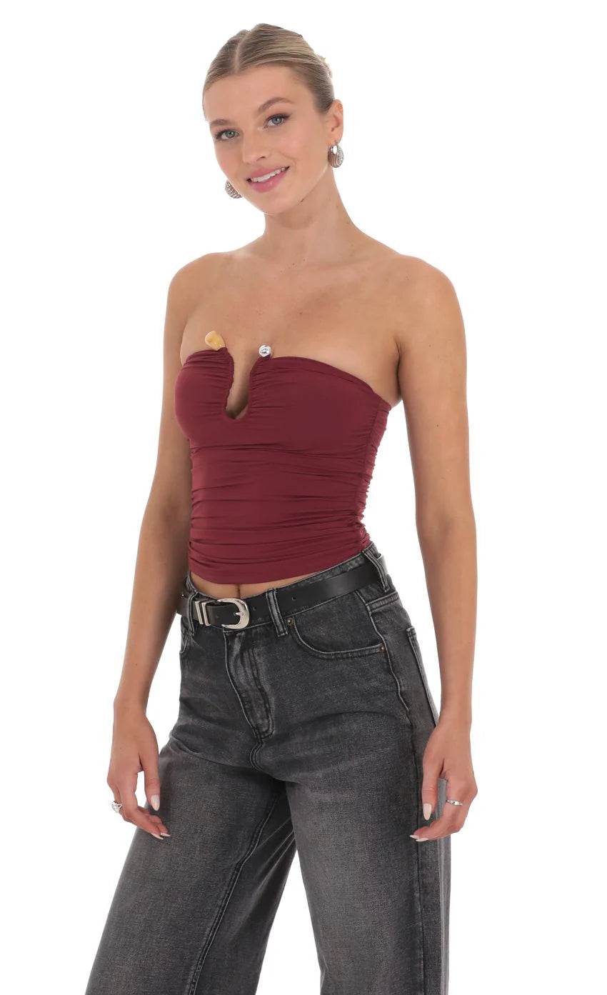 Embellished Tube Top in Burgundy