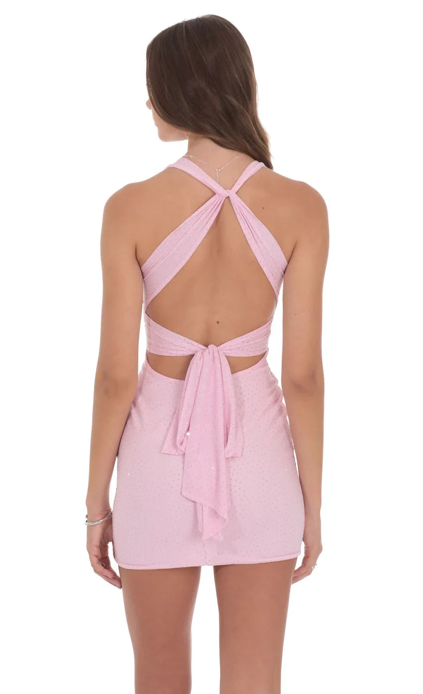 Rhinestone TwistV Neck Dress in Pink