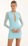 Mesh Long Sleeve Bodycon Dress in Aqua