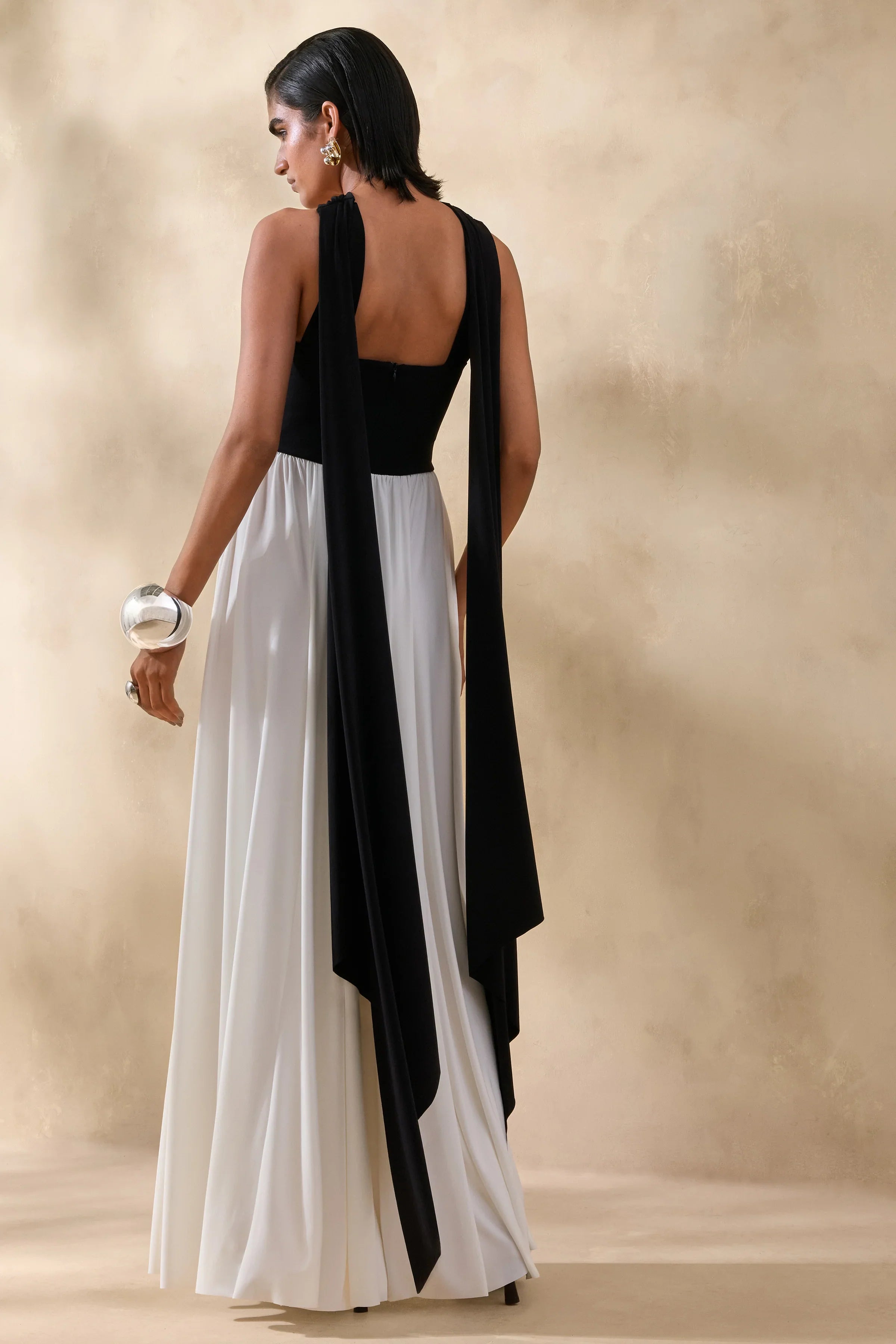 Beamora Black White Bandeau Maxi Dress With Cape